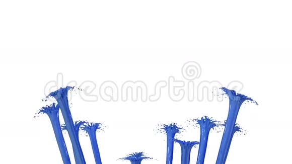 美丽的喷泉喷射液体像蓝色的油漆喷泉与许多液体流上升高3D渲染非常高视频的预览图