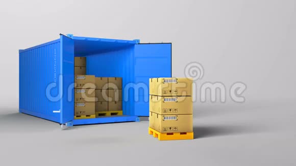 蓝色打开的容器和托盘上的许多纸箱在白色背景3D上隔离视频的预览图