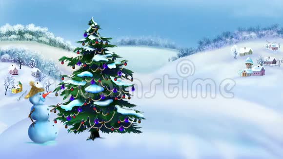 冬日里的雪人和圣诞树视频的预览图