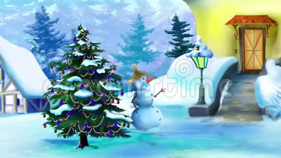与雪人和圣诞树一起度过美好的圣诞节视频的预览图