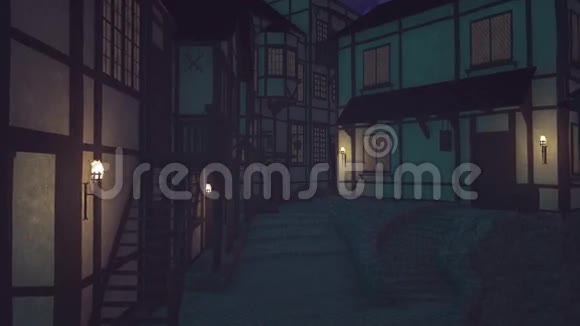 在黑暗的夜晚沿着中世纪的街道走视频的预览图