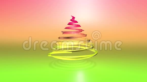 一条闪亮的节日丝带形成了一个旋转的圣诞树符号圣诞节明亮构图的三维渲染无缝视频的预览图
