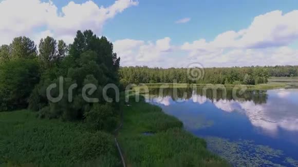 夏日的湖水和绿林白云笼罩着波兰的蓝天视频的预览图