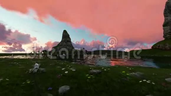日落时湖边的石草城视频的预览图