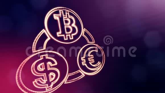 符号比特币欧元和美元在一个循环的组合由辉光粒子制成的财务背景闪亮的3D无缝视频的预览图