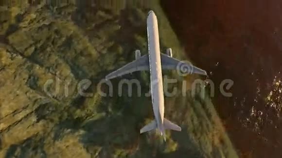 日落时分飞越大海和高山的客机视频的预览图