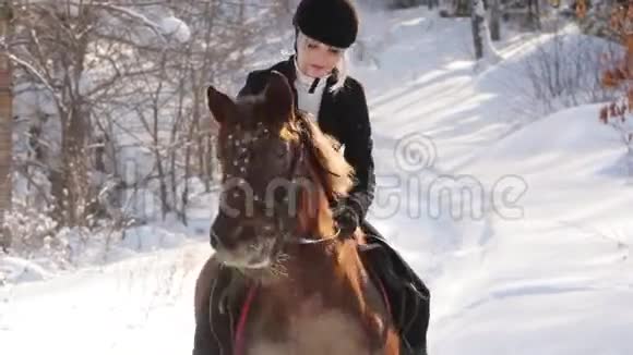 冬天森林里的年轻漂亮女孩骑马视频的预览图