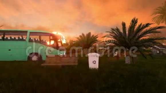 公园在吉达的中心日落时有草和棕榈树视频的预览图