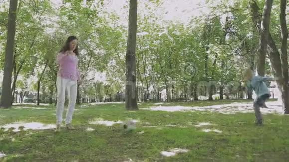 一家人带着孩子在公园散步晴天绿树树视频的预览图