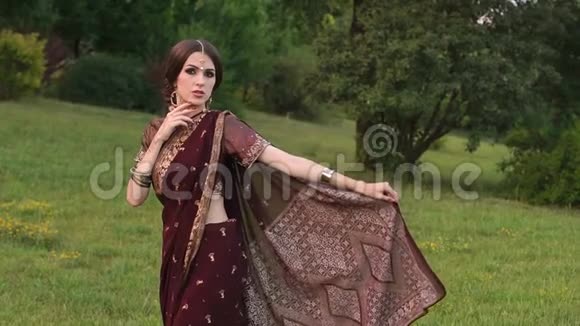 美丽的黑发穿着印度服装在公园里穿着纱丽视频的预览图