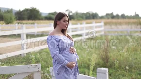 美丽的孕妇穿着蓝色的裙子走着听到农场的声音带花束的针织包树的背景视频的预览图