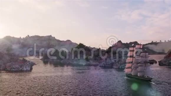 船在波涛汹涌的海面上航行日落和山景视频的预览图