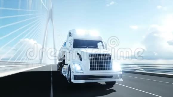 高速公路上汽油加油机拖车卡车的三维模型开得很快现实的4k动画石油概念视频的预览图