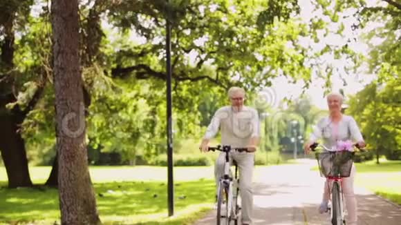 快乐的老年夫妇骑自行车在夏季公园视频的预览图