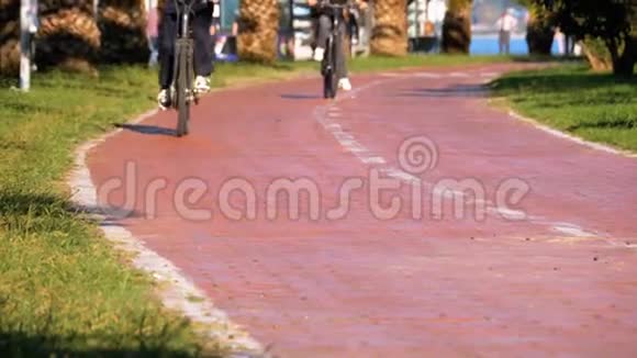 人们骑自行车在公园的自行车道上慢动作视频的预览图