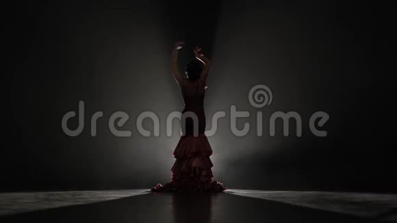 女孩在跳舞弗拉门戈舞从后面的光烟雾背景视频的预览图