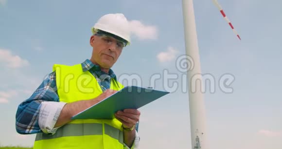 工程师在剪贴板上写作同时站在风车上视频的预览图