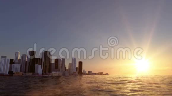 海湾上的城市景色美丽的日落真实水动画视频的预览图