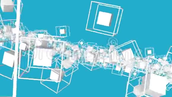 白色立方体被一个框架包围在绿松石背景上慢慢移动3D渲染视频的预览图