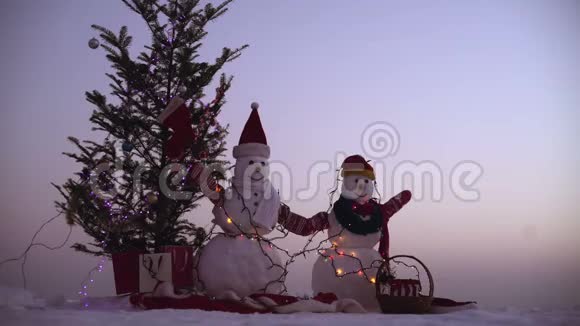 和雪人新年快乐雪人幸福的一对雪人庆典圣诞快乐新年快乐快乐视频的预览图