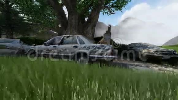戴利废墟前的汽车损坏了各种各样的东西视频的预览图