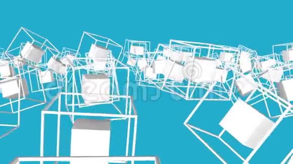 白色立方体被一个框架包围在绿松石背景上慢慢移动3D渲染视频的预览图