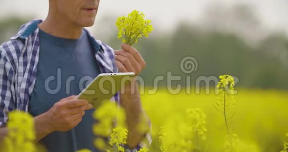 用数字平板电脑查看田间花开的农民视频的预览图