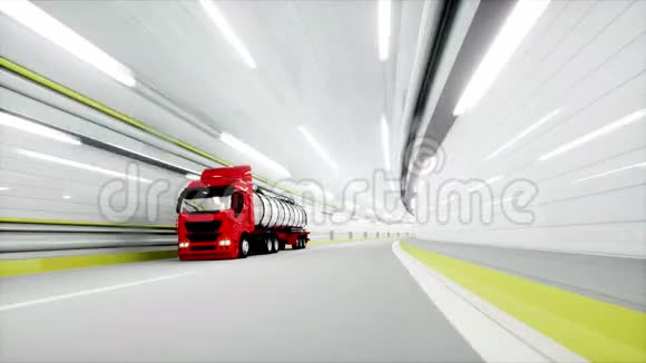 一个隧道里的红色汽油车快速驾驶石油概念三维渲染视频的预览图