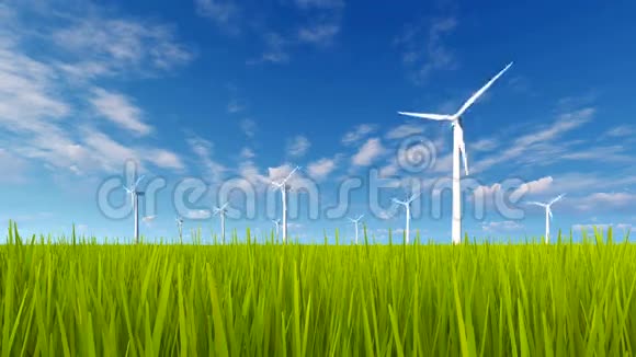 旋转风力涡轮机和绿草4K视频的预览图