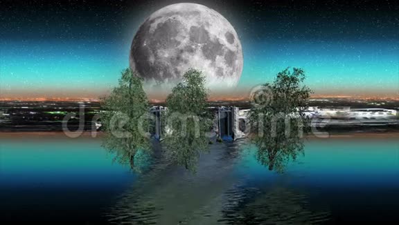 黎明时分的月亮和城市的倒影视频的预览图