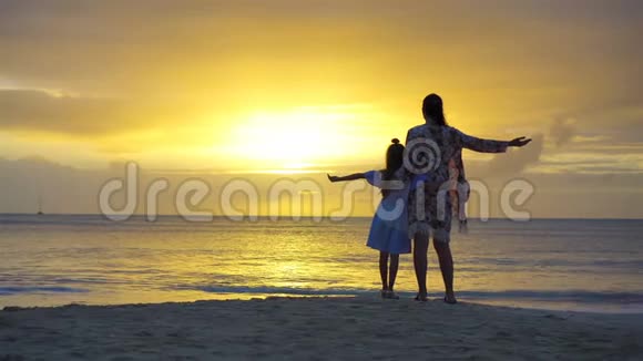 小女孩和快乐的母亲在海滩夕阳下的剪影视频的预览图