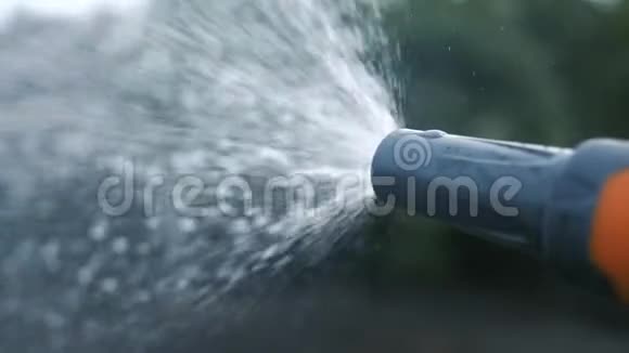 园艺园林护理理念泼水慢动作视频女人拿着花园水管浇水的生活方式视频的预览图