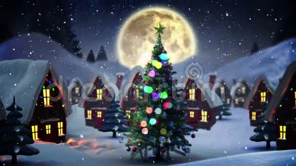 在白雪皑皑的村庄里挥舞着圣诞树视频的预览图