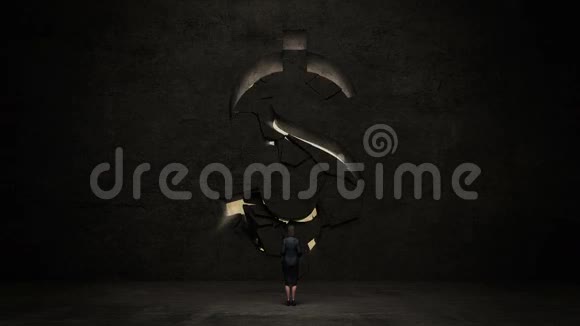 女商人站在黑墙前形状像一的标志美元currencyDollarwith经济图表视频的预览图