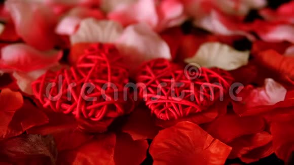 用装饰心和玫瑰花瓣的镜头问候瓦伦丁视频的预览图
