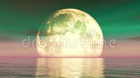 满月在水上倒影在海上科幻场景紫色的云视频的预览图