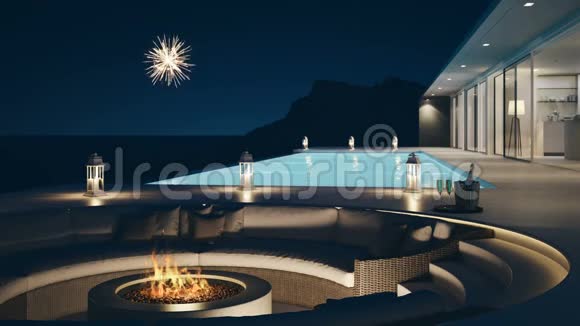 用烟花和香槟对泳池别墅进行三维渲染新年前夕视频的预览图
