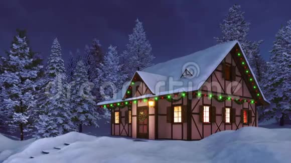 4K冬夜为圣诞节装饰的乡村别墅视频的预览图