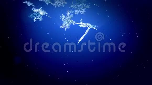 装饰的3d雪花在空气中缓慢地漂浮在蓝色背景下在夜间发光使用动画视频的预览图