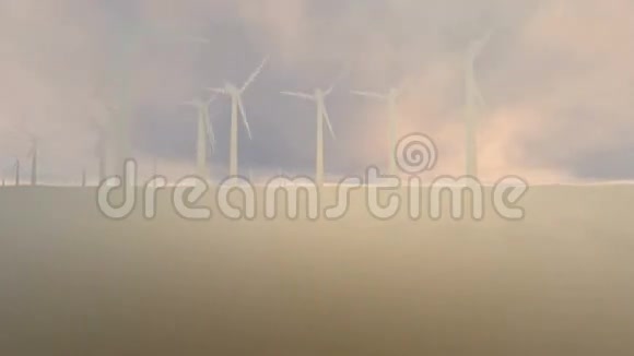 风太阳能农场和直升机在沙尘暴中飞行的远视图视频的预览图