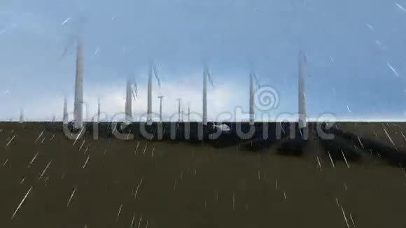 远观风力和太阳能农场和直升机在雨中飞行视频的预览图