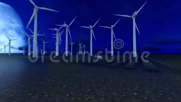 远观风力和太阳能农场以及夜间飞行的直升机视频的预览图
