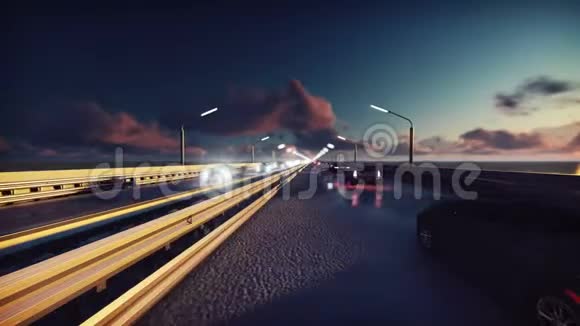 汽车的夜间灯光和背景交通有灯光的汽车在日出时上桥视频的预览图