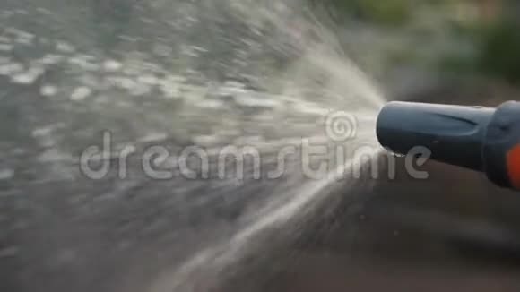 园艺园林护理理念泼水慢动作视频女人拿着花园水管浇水的生活方式视频的预览图