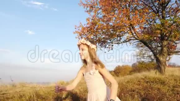 快乐可爱的女孩在草地上奔跑背景上令人惊叹的风景视频的预览图