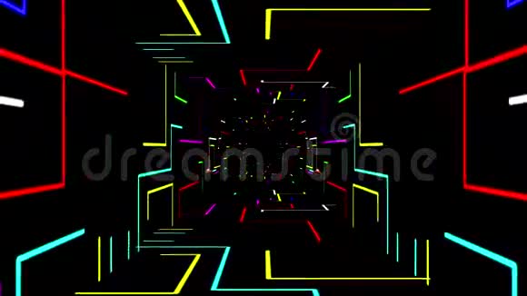 数字未来隧道路径的无缝三维动画与彩色几何线与缩放相机运动视频的预览图