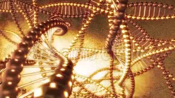 带有DNA分子漩涡的金色几何背景3D染循环视频的预览图