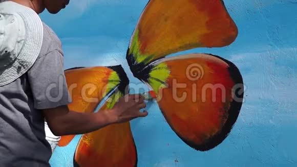 墙画家在混凝土墙上画一只蝴蝶视频的预览图