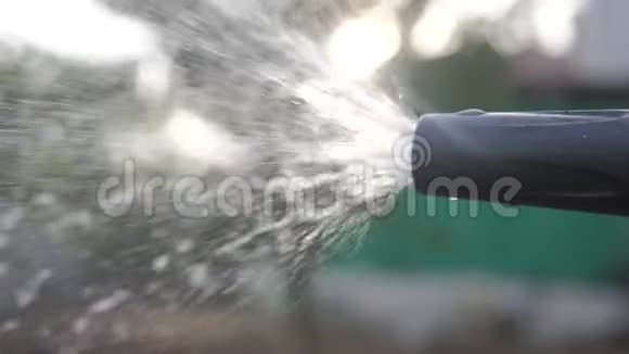园艺园林护理理念泼水慢动作视频女人拿着花园水管生活方式浇水视频的预览图