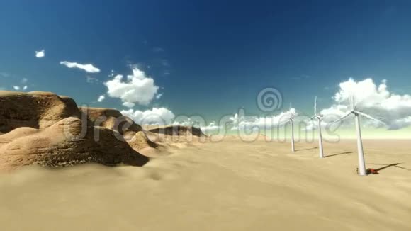 干燥的沙漠有时间推移的云和风车视频的预览图